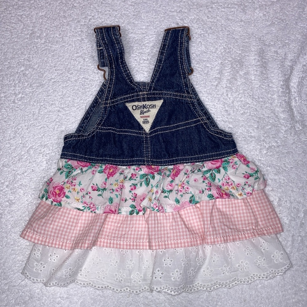 OshKosh B'Gosh Denim Overalls Dress  Tiered VestBack Flowers Gingham Pink 9m - Picture 6 of 7